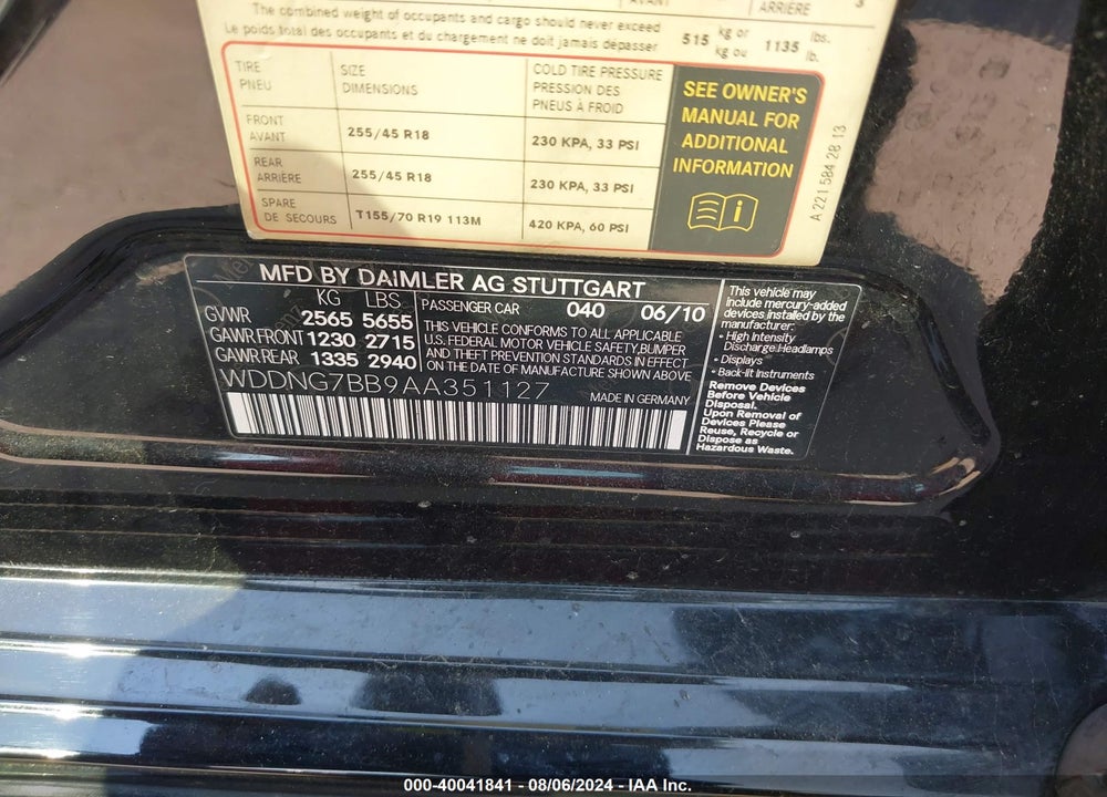 2010 MERCEDES-BENZ S 550 VIN: WDDNG7BB9AA351127