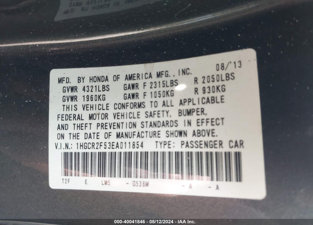 2014 HONDA ACCORD SPORT VIN: 1HGCR2F53EA011854