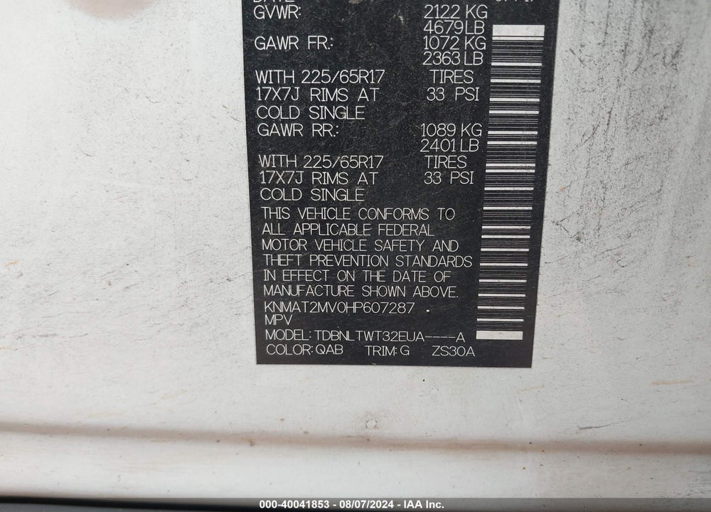 2017 NISSAN ROGUE SV VIN: KNMAT2MV0HP607287