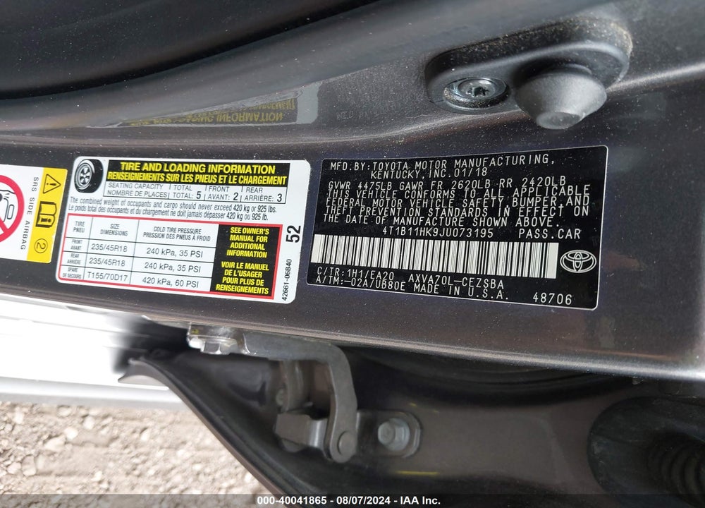 2018 TOYOTA CAMRY SE VIN: 4T1B11HK9JU073195
