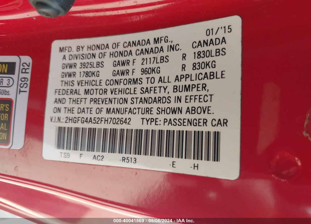 2015 HONDA CIVIC SI VIN: 2HGFG4A52FH702642