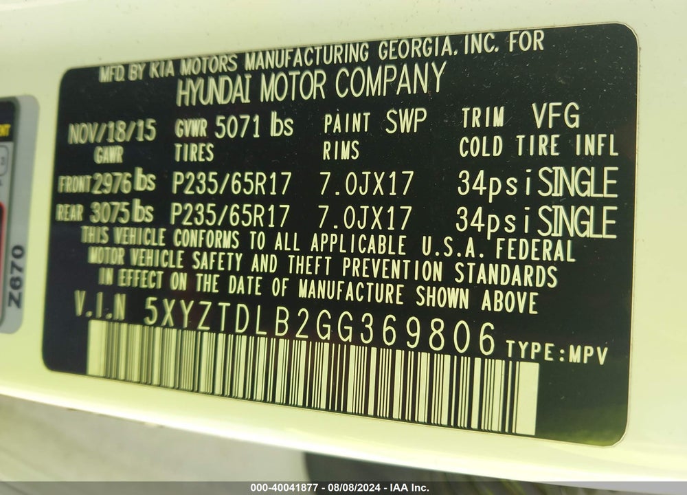 2016 HYUNDAI SANTA FE SPORT 2.4L VIN: 5XYZTDLB2GG369806
