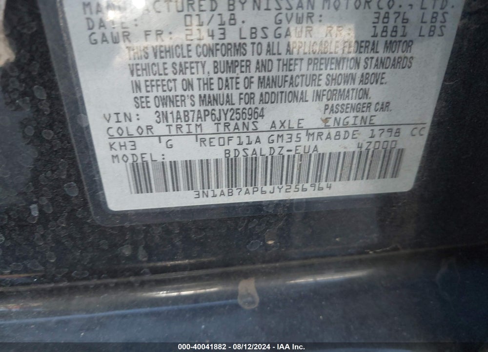 2018 NISSAN SENTRA SV VIN: 3N1AB7AP6JY256964