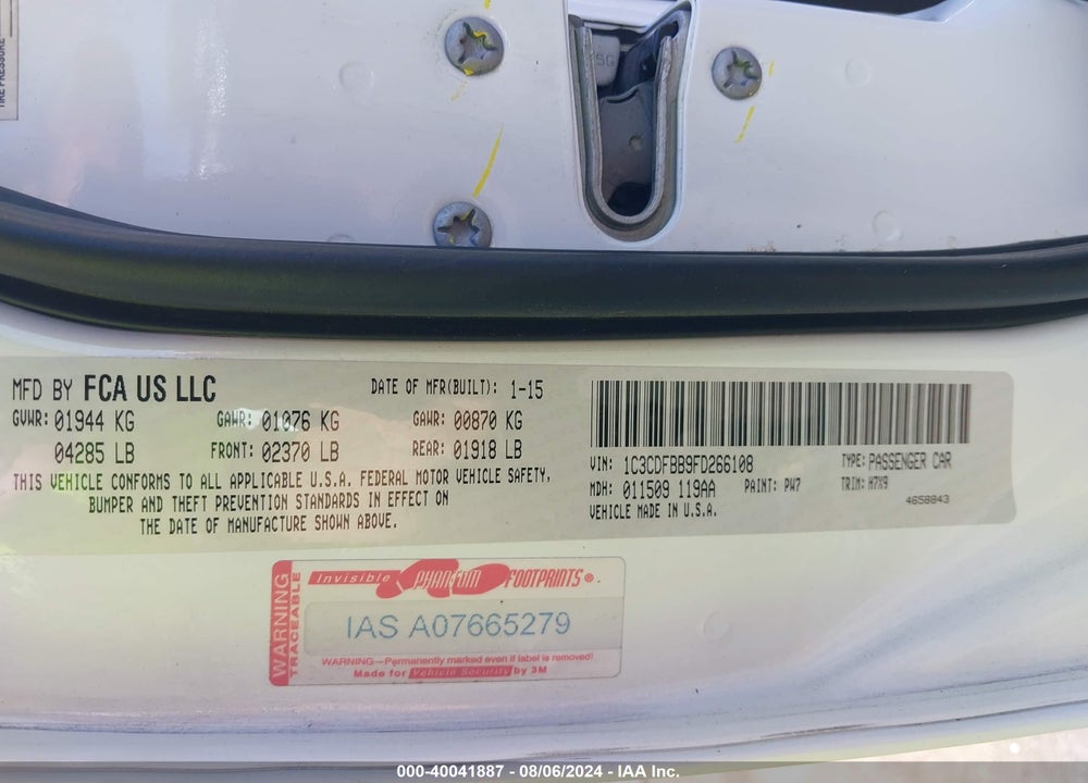 2015 DODGE DART SXT VIN: 1C3CDFBB9FD266108