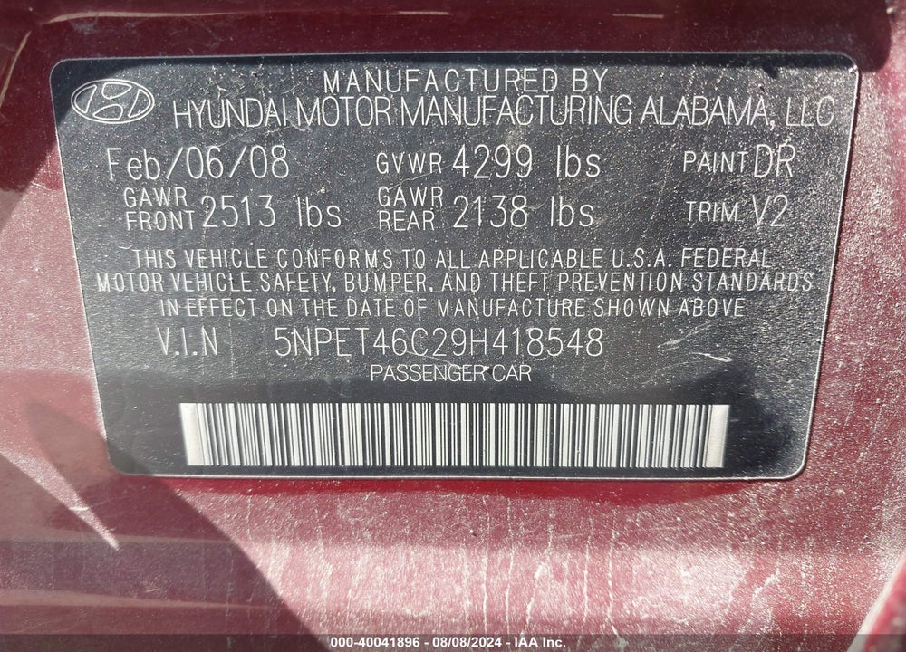 2009 HYUNDAI SONATA GLS VIN: 5NPET46C29H418548