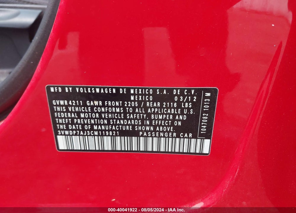 2012 VOLKSWAGEN JETTA 2.5L SE VIN: 3VWDP7AJ3CM119821