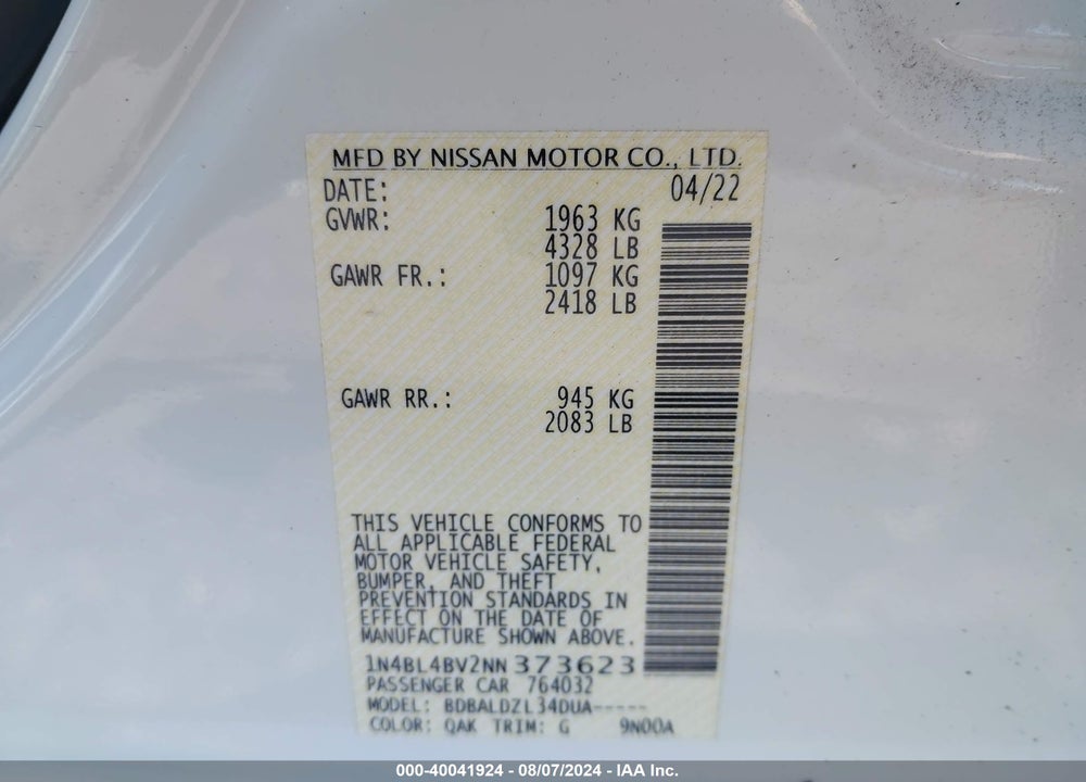 2022 NISSAN ALTIMA S FWD VIN: 1N4BL4BV2NN373623