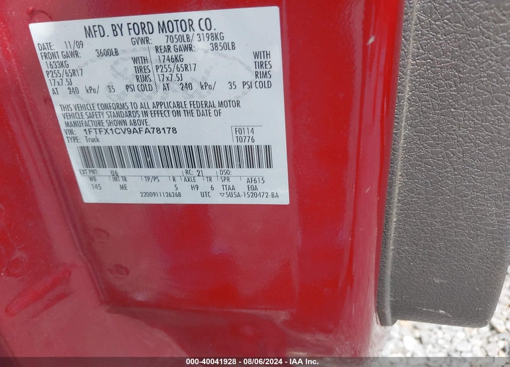 2010 FORD F-150 XLT VIN: 1FTFX1CV9AFA78178