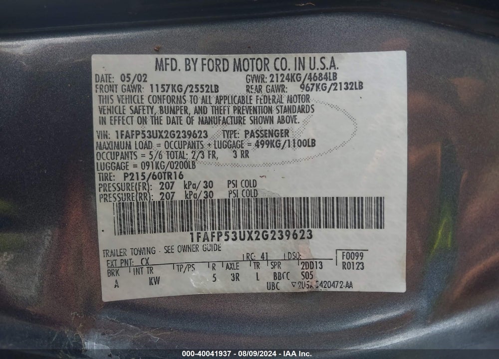 2002 FORD TAURUS SE VIN: 1FAFP53UX2G239623