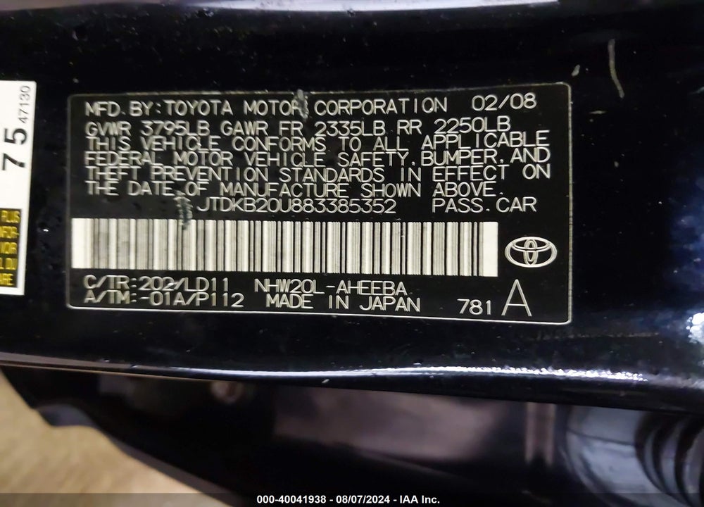 2008 TOYOTA PRIUS VIN: JTDKB20U883385352