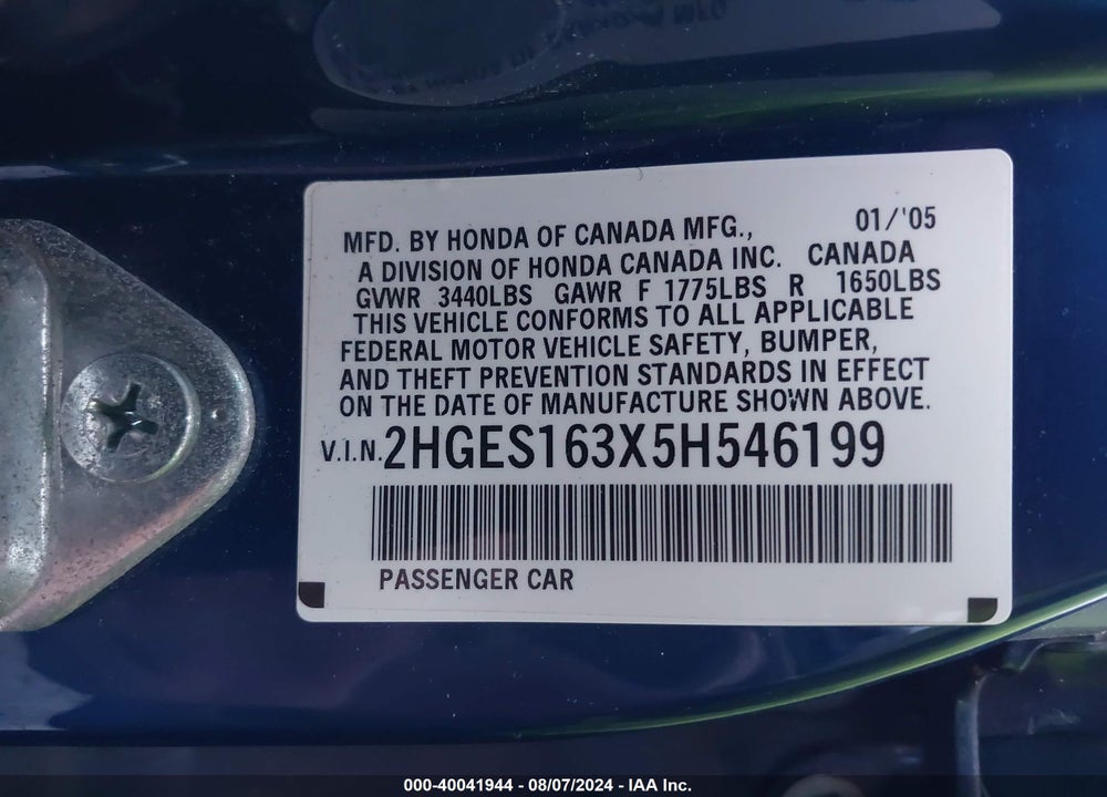 2005 HONDA CIVIC VP VIN: 2HGES163X5H546199