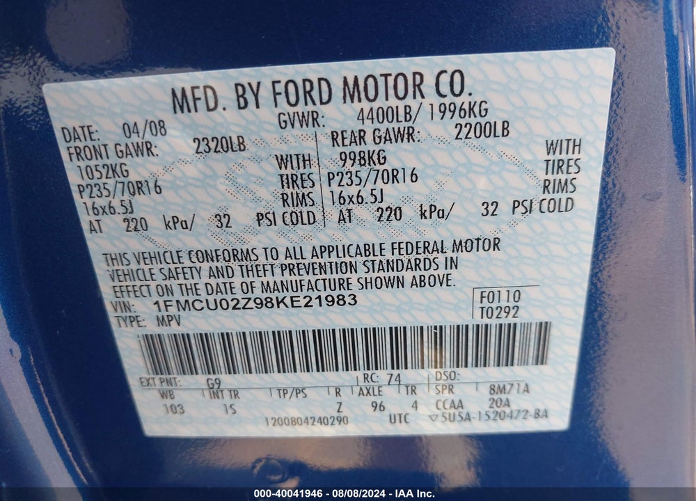 2008 FORD ESCAPE VIN: 1FMCU02Z98KE21983