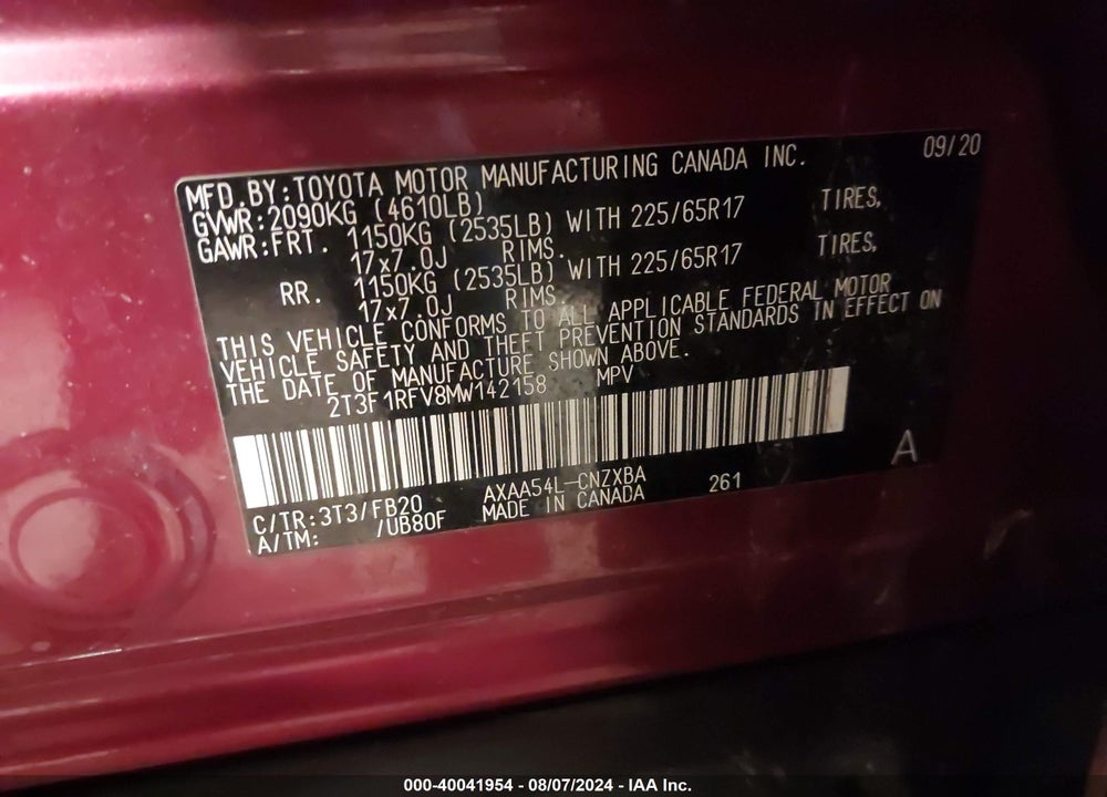 2021 TOYOTA RAV4 LE VIN: 2T3F1RFV8MW142158