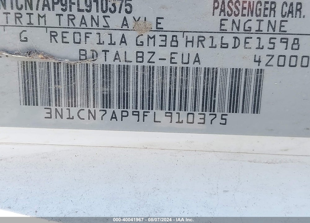 2015 NISSAN VERSA 1.6 S/1.6 S+/1.6 SL/1.6 SV VIN: 3N1CN7AP9FL910375
