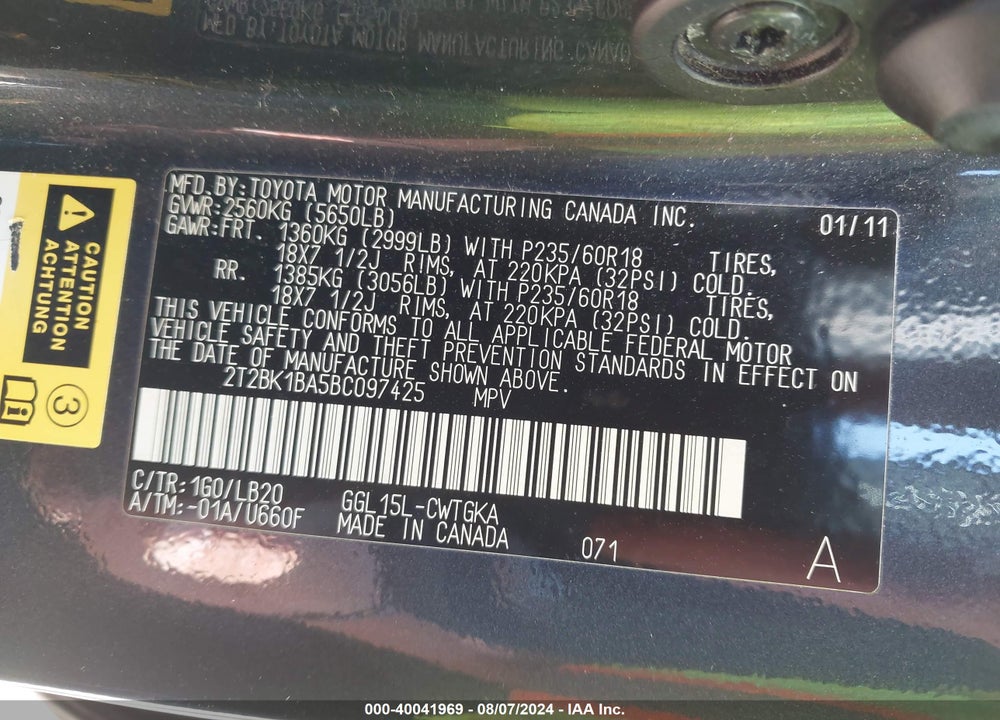 2011 LEXUS RX 350 VIN: 2T2BK1BA5BC097425