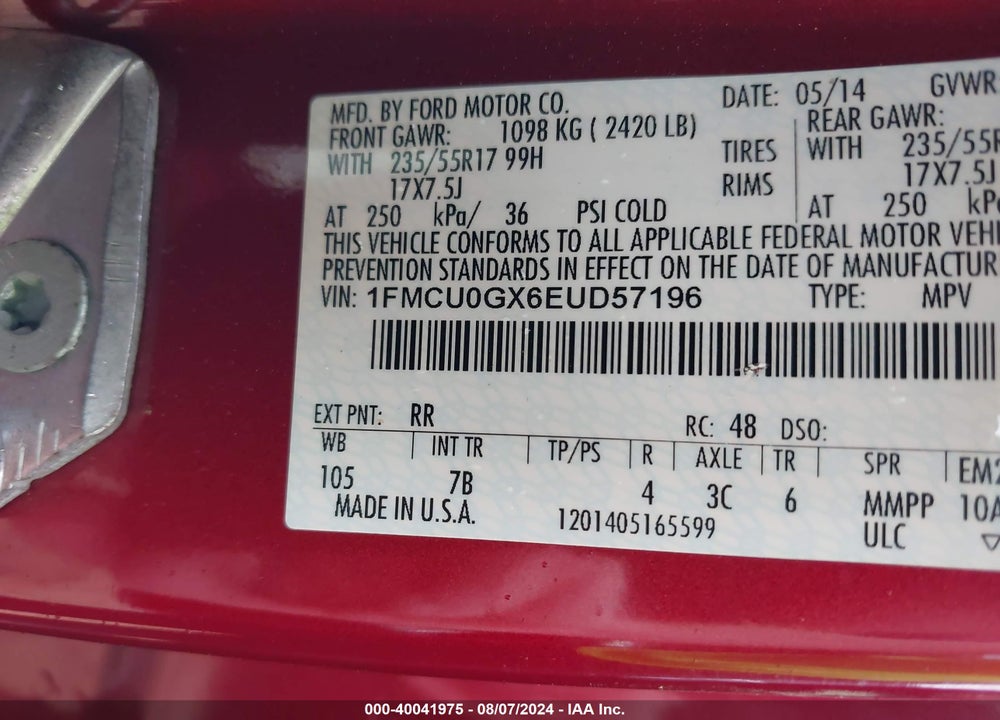 2014 FORD ESCAPE SE VIN: 1FMCU0GX6EUD57196