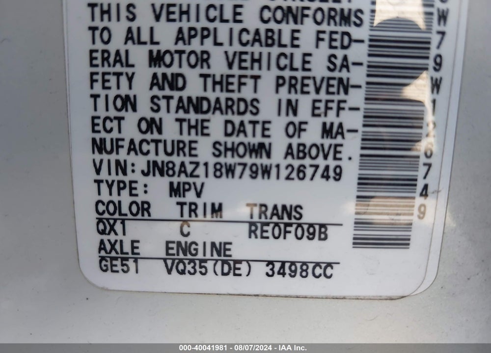2009 NISSAN MURANO VIN: JN8AZ18W79W126749