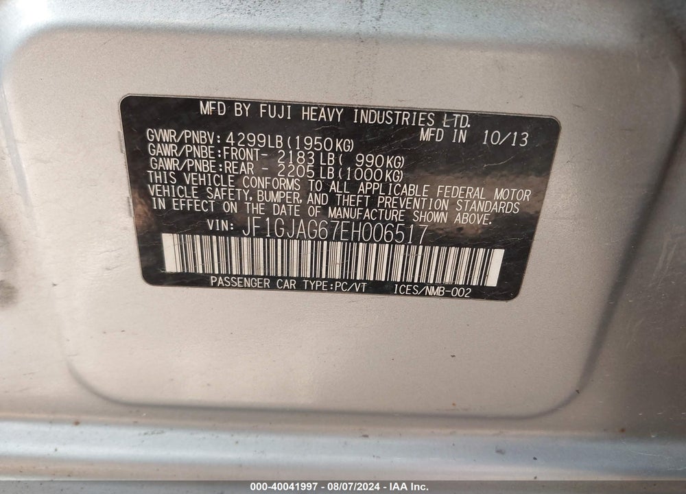 2014 SUBARU IMPREZA 2.0I LIMITED VIN: JF1GJAG67EH006517