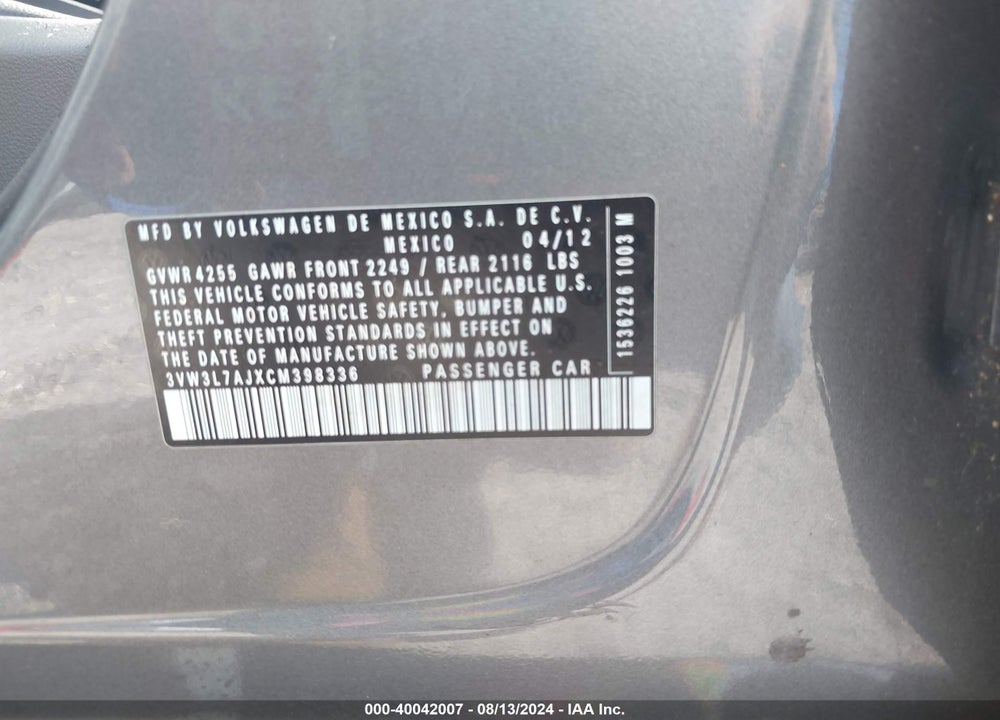2012 VOLKSWAGEN JETTA 2.0L TDI VIN: 3VW3L7AJXCM398336