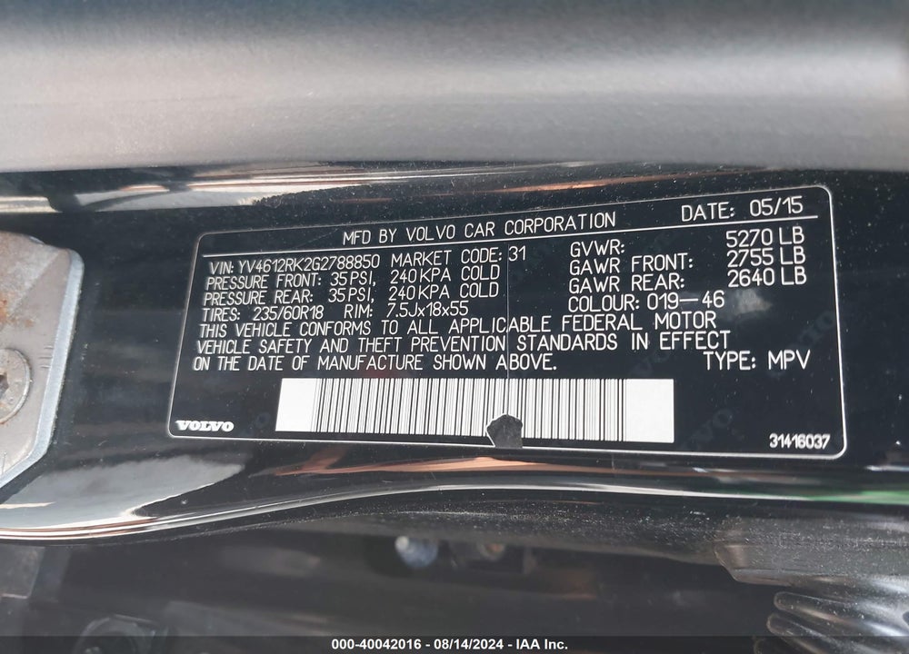 2016 VOLVO XC60 T5 PREMIER VIN: YV4612RK2G2788850