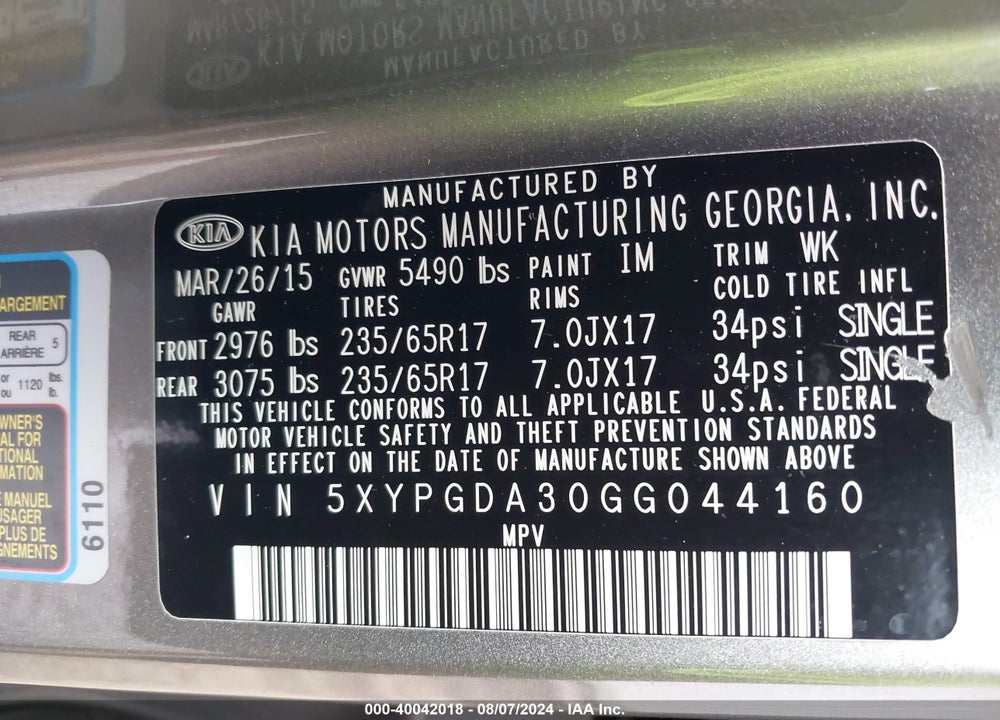 2016 KIA SORENTO 2.4L LX VIN: 5XYPGDA30GG044160
