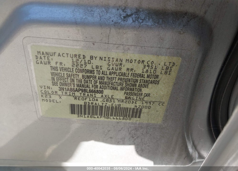 2011 NISSAN SENTRA 2.0S VIN: 3N1AB6AP9BL666800