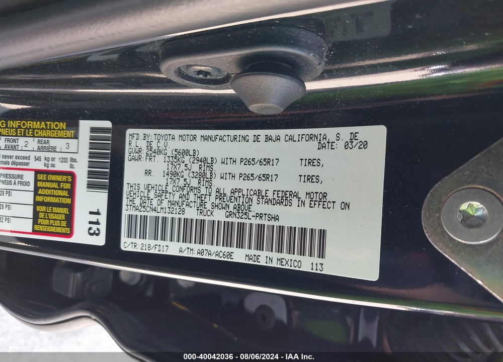 2020 TOYOTA TACOMA TRD SPORT VIN: 3TMAZ5CN4LM132128
