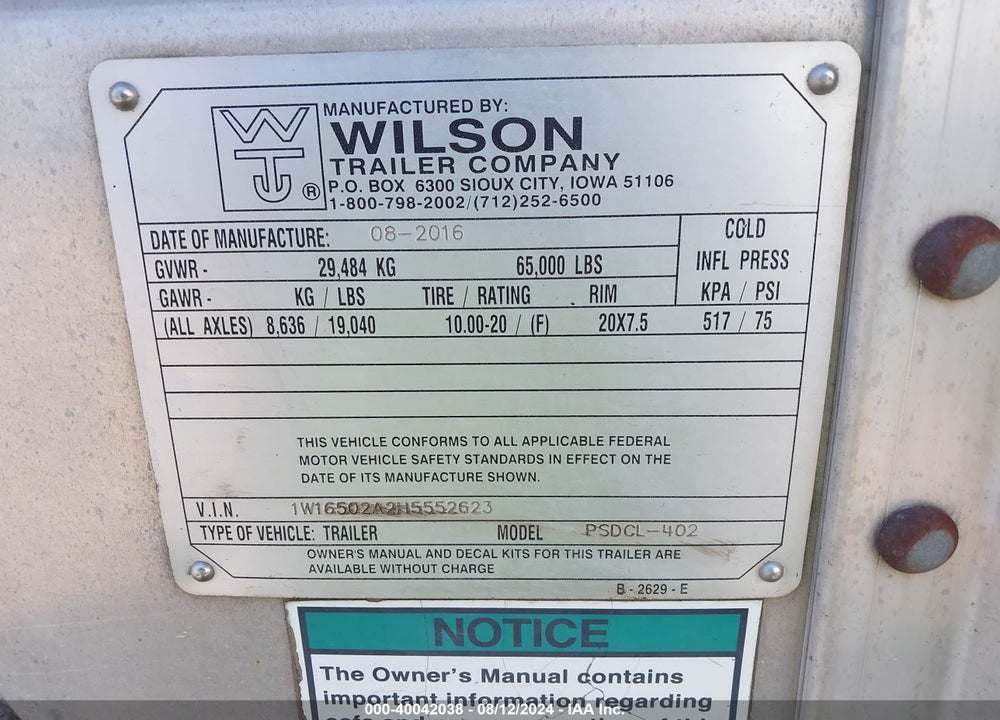2017 WILSON TRAILER CO CATTLE TRAILER VIN: 1W16502A2H5552623