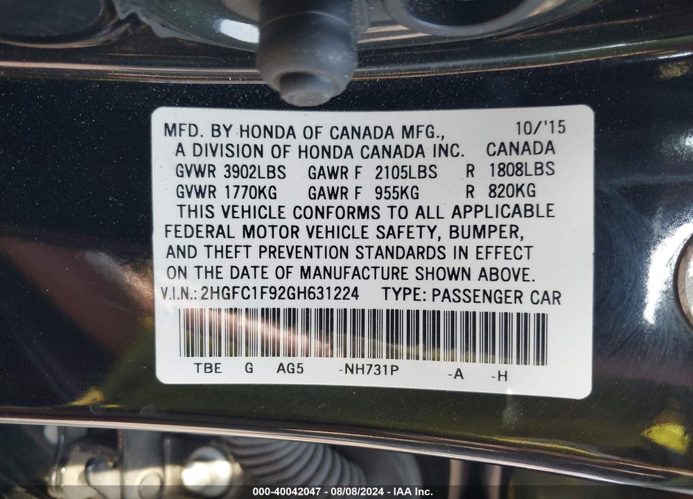 2016 HONDA CIVIC TOURING VIN: 2HGFC1F92GH631224