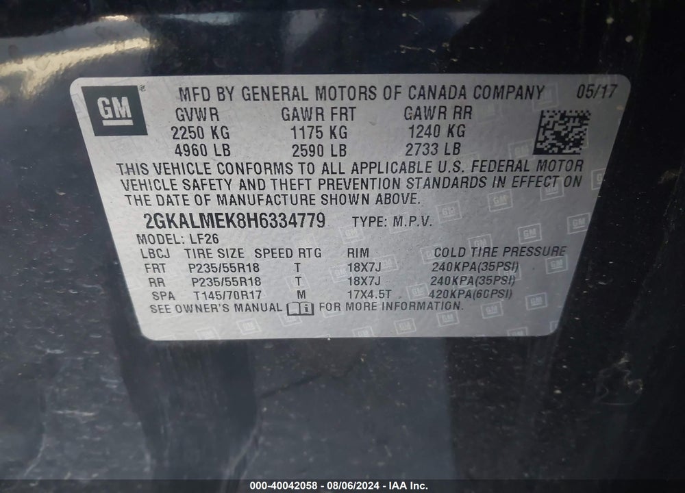 2017 GMC TERRAIN SLE-1 VIN: 2GKALMEK8H6334779