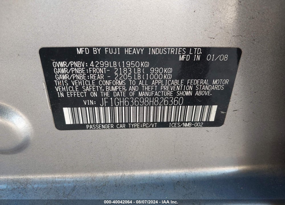 2008 SUBARU IMPREZA OUTBACK SPORT VIN: JF1GH63698H826360