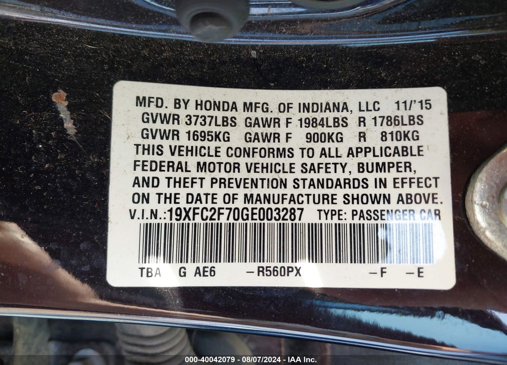 2016 HONDA CIVIC EX VIN: 19XFC2F70GE003287