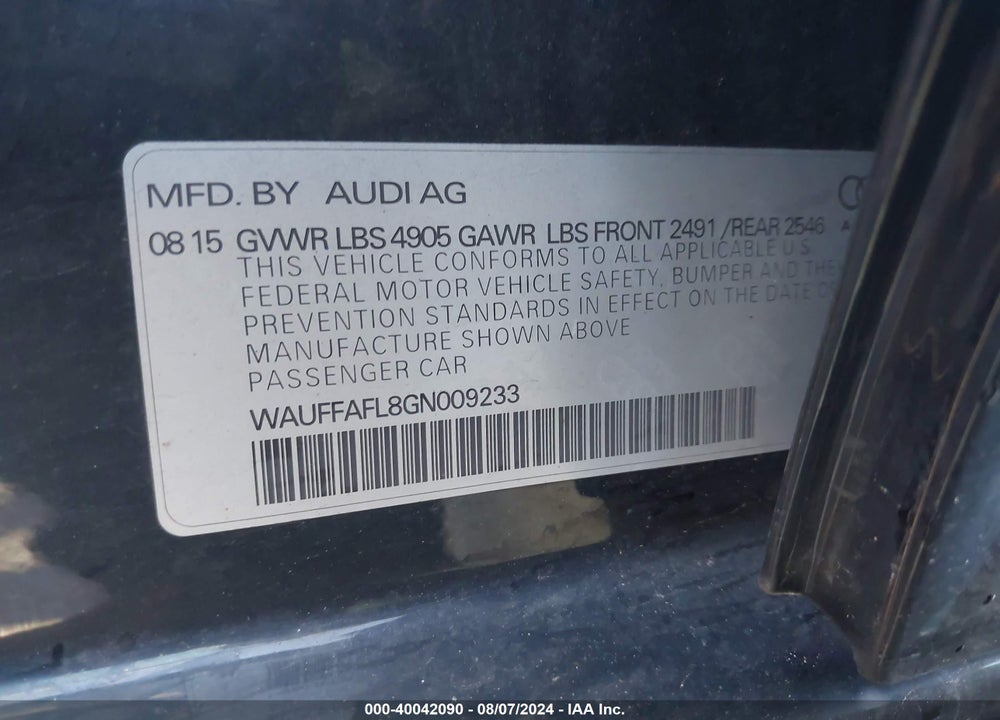 2016 AUDI A4 2.0T PREMIUM VIN: WAUFFAFL8GN009233