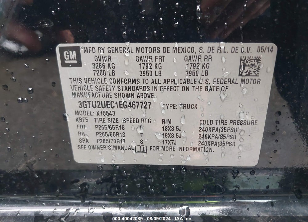 2014 GMC SIERRA 1500 SLE VIN: 3GTU2UEC1EG467727