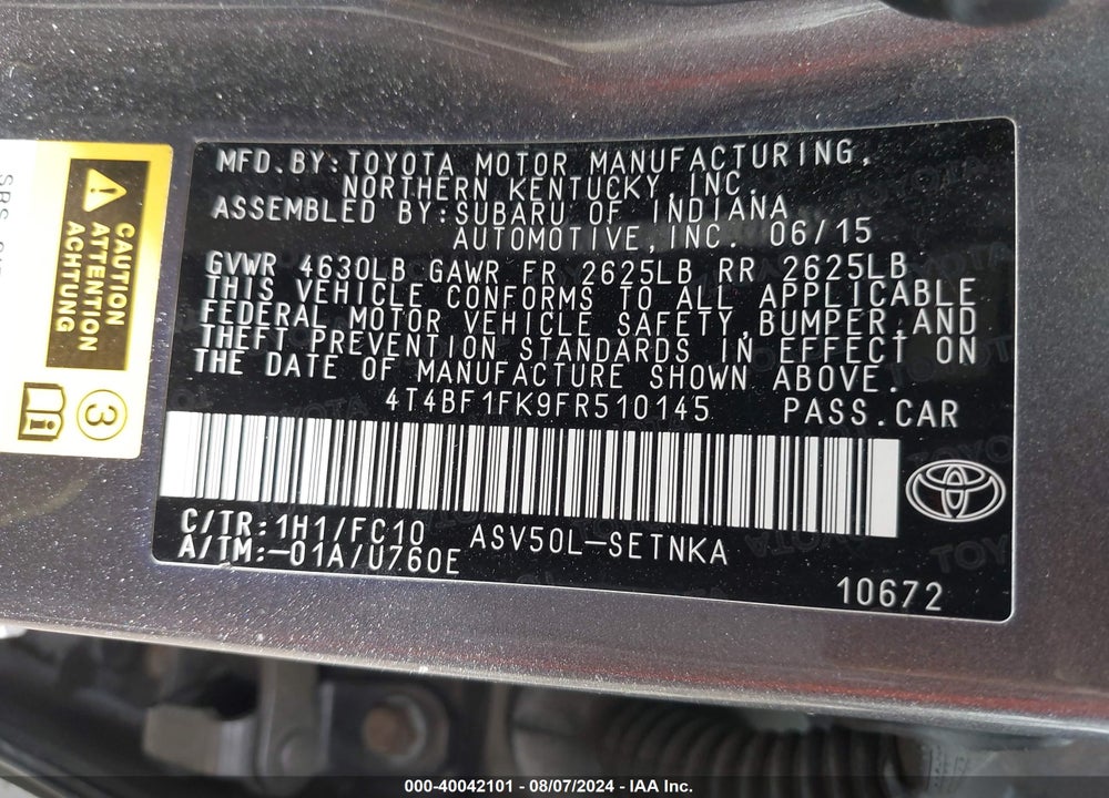 2015 TOYOTA CAMRY LE VIN: 4T4BF1FK9FR510145