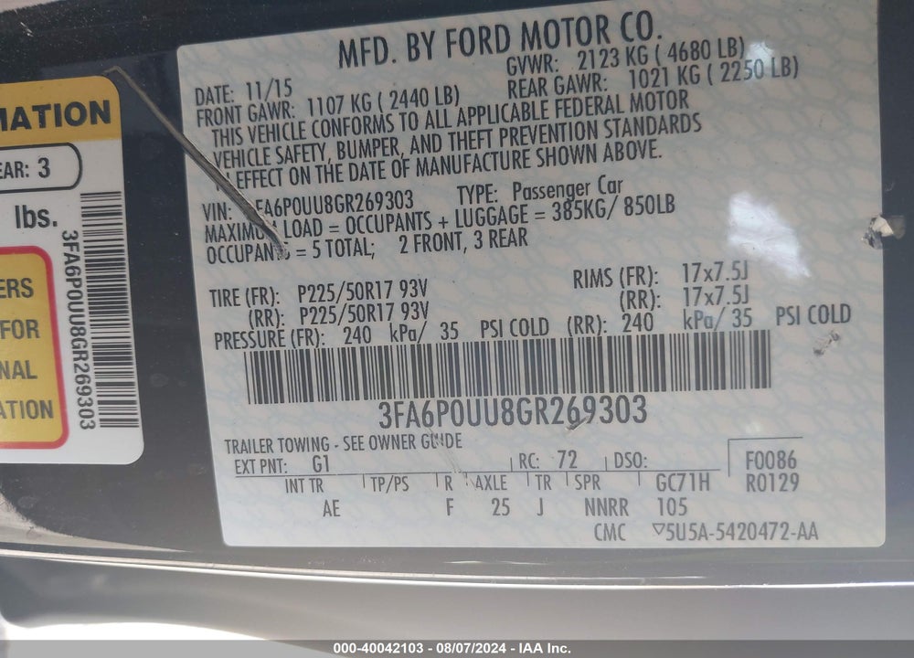 2016 FORD FUSION HYBRID S VIN: 3FA6P0UU8GR269303
