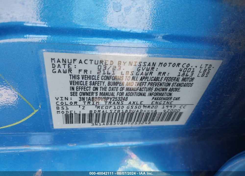 2023 NISSAN SENTRA SR XTRONIC CVT VIN: 3N1AB8DV8PY253248