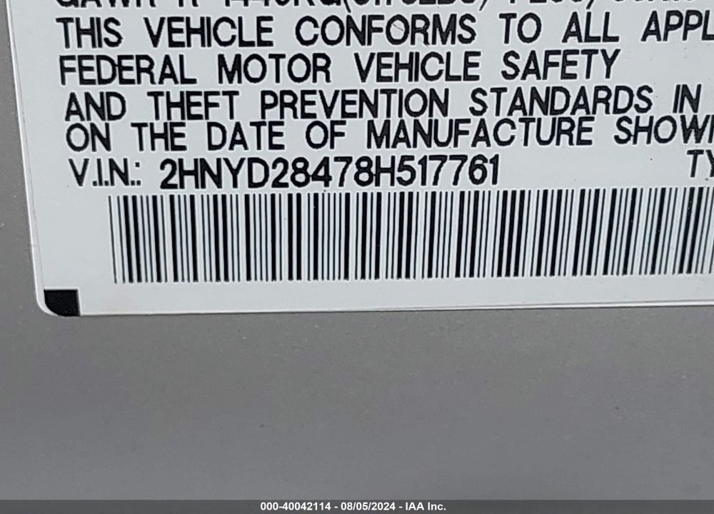 2008 ACURA MDX TECHNOLOGY PACKAGE VIN: 2HNYD28478H517761