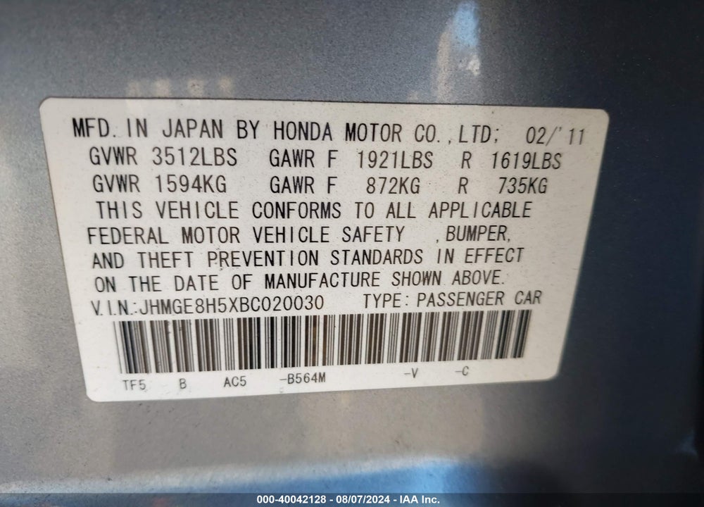 2011 HONDA FIT SPORT VIN: JHMGE8H5XBC020030