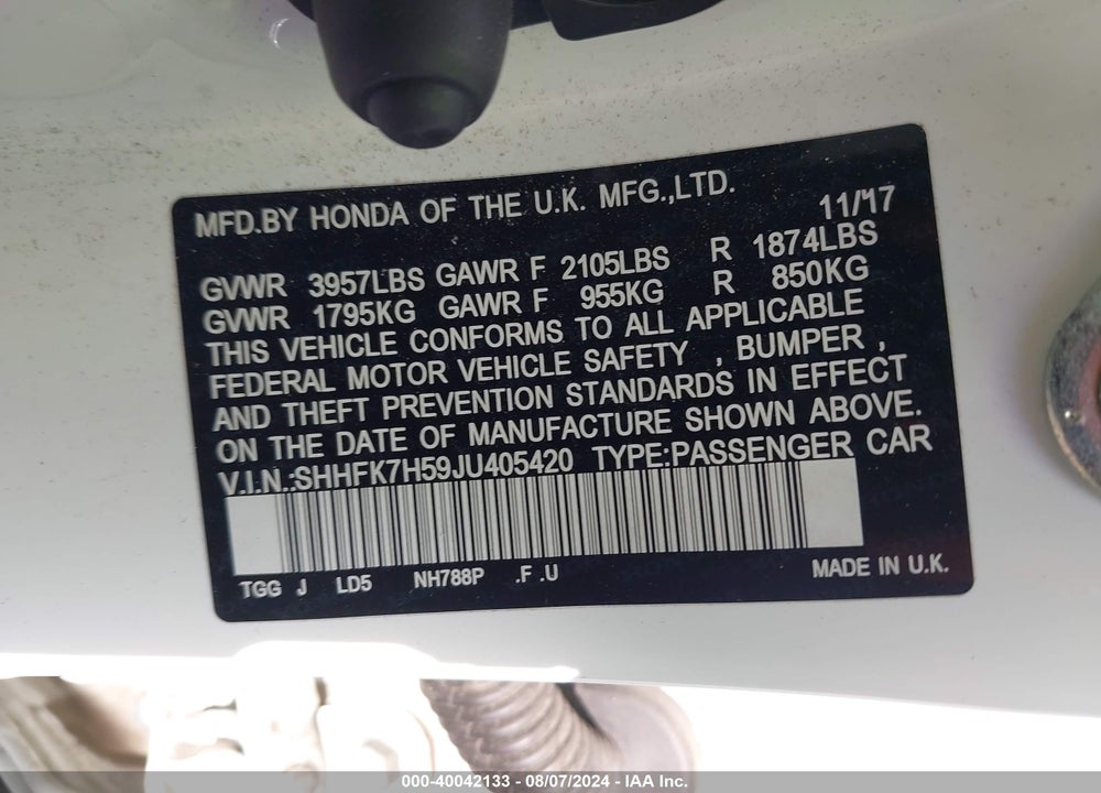 2018 HONDA CIVIC EX VIN: SHHFK7H59JU405420