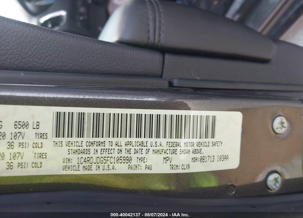 2015 DODGE DURANGO LIMITED VIN: 1C4RDJDG5FC105990
