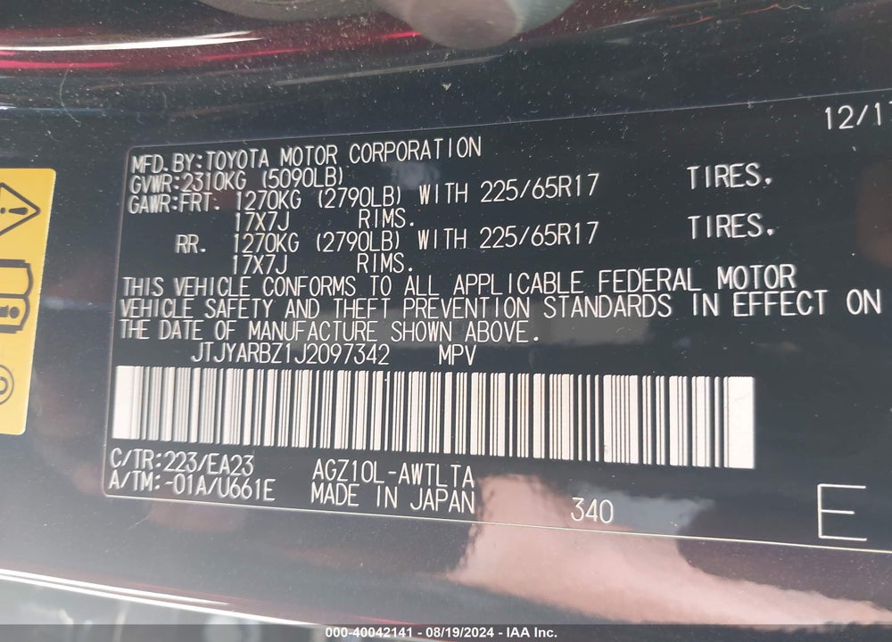 2018 LEXUS RX 350 VIN: JTJYARBZ1J2097342