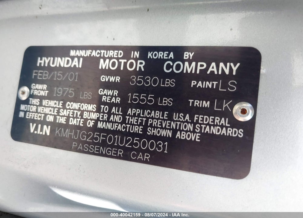 2001 HYUNDAI TIBURON BASE PKG 1   2 VIN: KMHJG25F01U250031