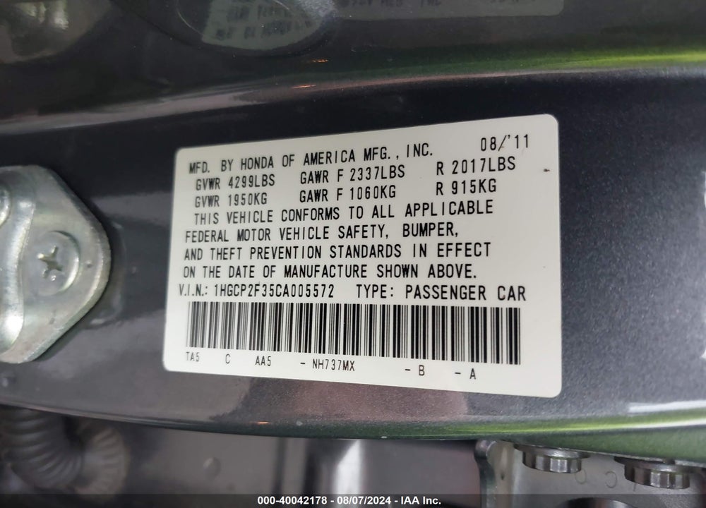 2012 HONDA ACCORD VIN: 1HGCP2F35CA005572