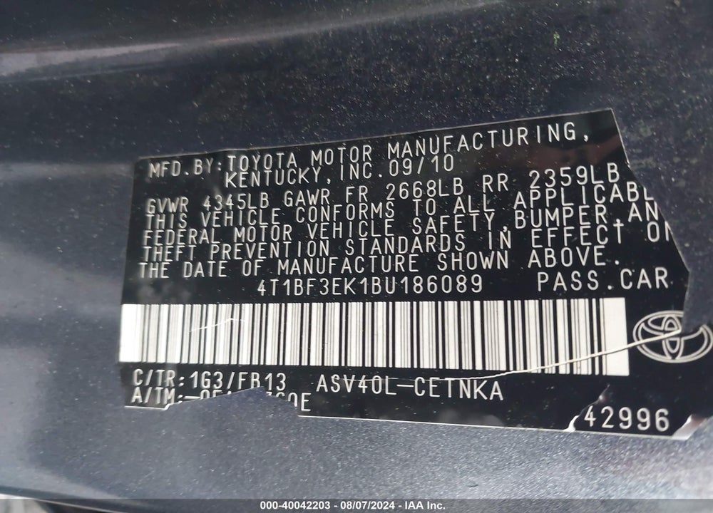 2011 TOYOTA CAMRY LE VIN: 4T1BF3EK1BU186089