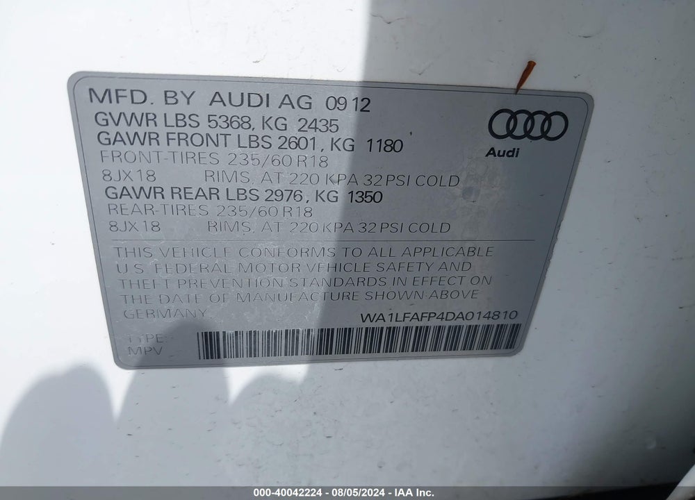 2013 AUDI Q5 VIN: WA1LFAFP4DA014810