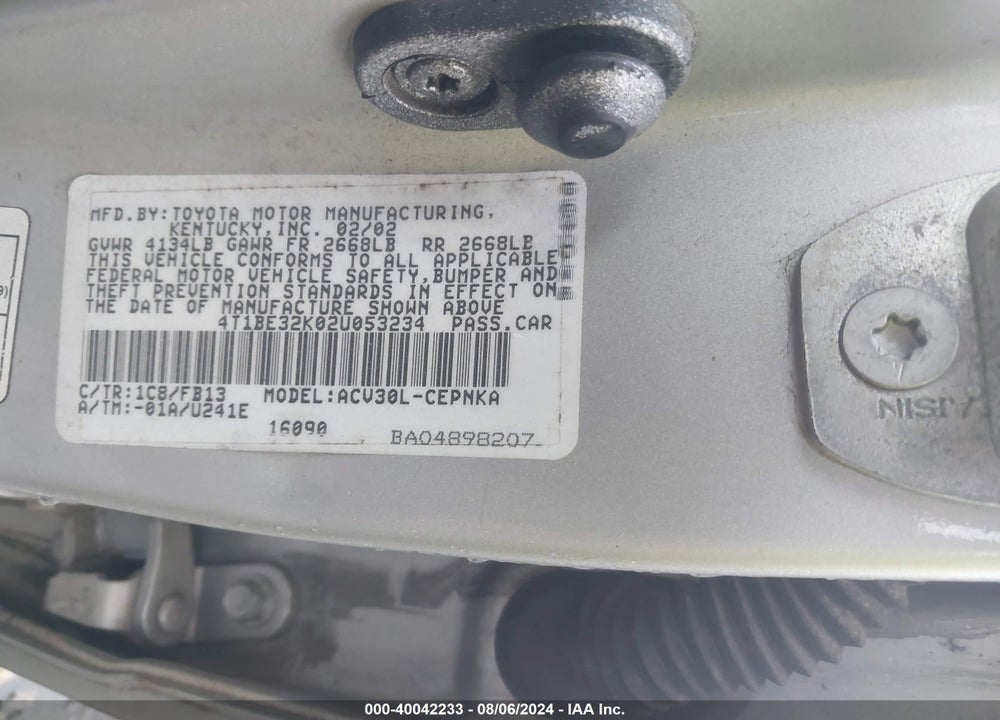2002 TOYOTA CAMRY LE VIN: 4T1BE32K02U053234