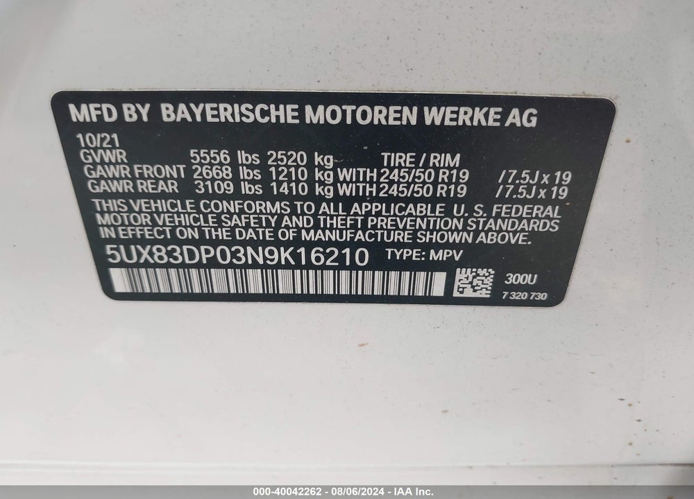 2022 BMW X3 M40I VIN: 5UX83DP03N9K16210
