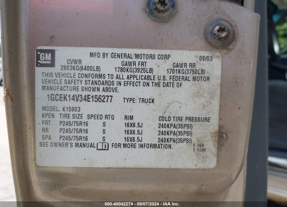 2004 CHEVROLET SILVERADO 1500 VIN: 1GCEK14V34E156277