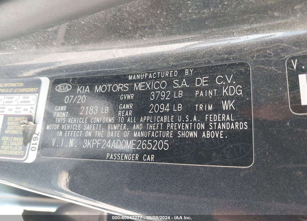 2021 KIA FORTE LXS VIN: 3KPF24AD0ME265205